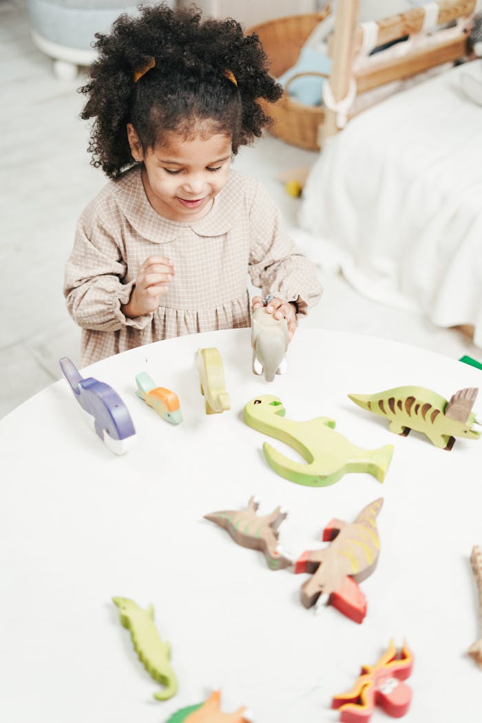 services-03 Cheerful child engages with colorful wooden dinosaur toys in a bright room.